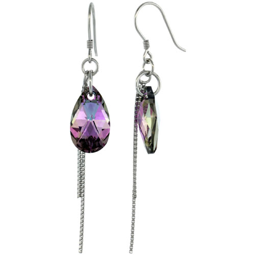 Sterling Silver Dangle Earrings w/ Purple Swarovski Crystal Teardrop 2 5/16 in. (59 mm) tall, Rhodium Finish