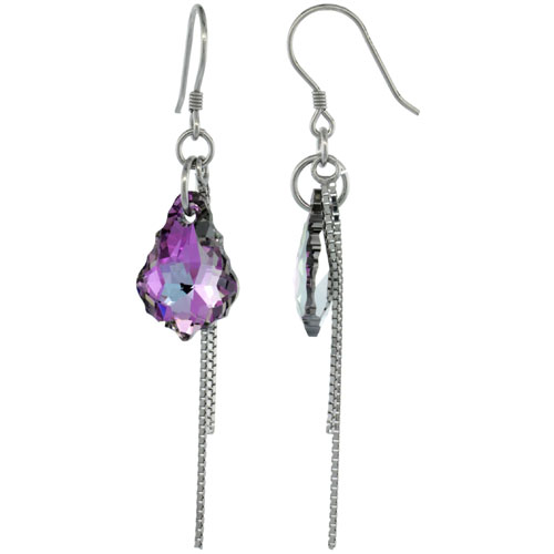 Sterling Silver Dangle Earrings w/ Purple Swarovski Crystal 2 1/4 in. (58 mm) tall, Rhodium Finish