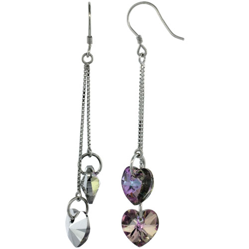 Sterling Silver Dangle Earrings w/ Purple Swarovski Crystal Double Heart 2 1/2 in. (64 mm) tall, Rhodium Finish