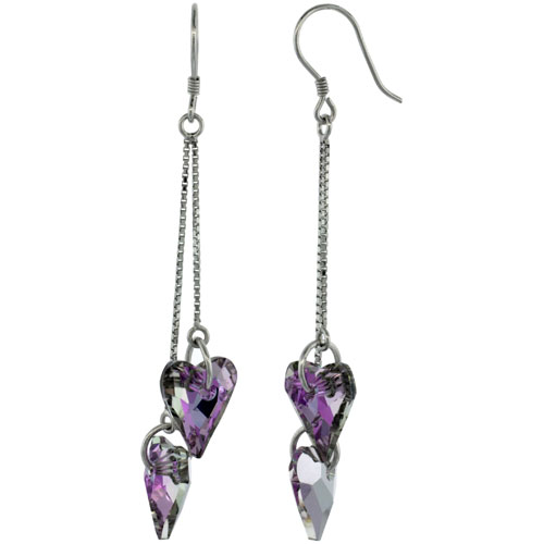 Sterling Silver Dangle Earrings w/ Purple Swarovski Crystal Double Heart 2 1/2 in. (63 mm) tall, Rhodium Finish