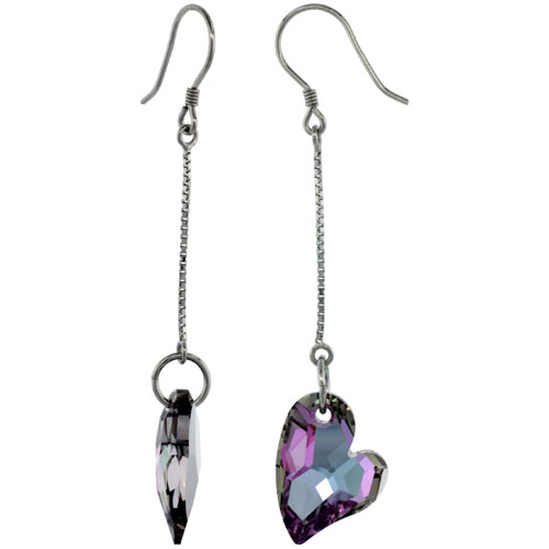 Sterling Silver Dangle Earrings w/ Purple Swarovski Crystal Fancy Heart 2 5/16 in. (59 mm) tall, Rhodium Finish