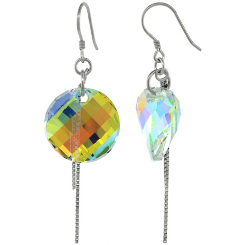 Sterling Silver Dangle Earrings w/ Yellow Swarovski Crystal Disc 2 1/4 in. (58 mm) tall, Rhodium Finish