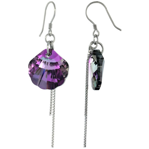 Sterling Silver Dangle Earrings w/ Purple Swarovski Crystal Fan Shape 2 1/4 in. (58 mm) tall, Rhodium Finish