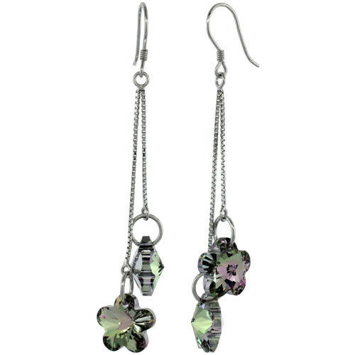 Sterling Silver Dangle Earrings w/ Purple Swarovski Crystal Double Flower 2 5/8 in. (62 mm) tall, Rhodium Finish