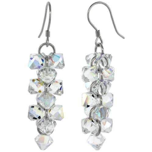 Sterling Silver Dangle Earrings w/ Yellow Swarovski Crystal Bicone Cluster 1 13/16 in. (46 mm) tall, Rhodium Finish