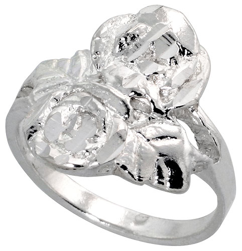 Sterling Silver Double Rose Ring Polished finish 5/8 inch wide, sizes 6 - 9