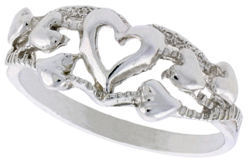 Sterling Silver Hearts Ring Polished finish 5/16 inch wide, sizes 6 - 9