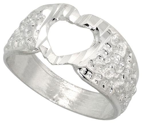 Sterling Silver Textured Heart Ring Polished finish 3/8 inch wide, sizes 6 - 9,