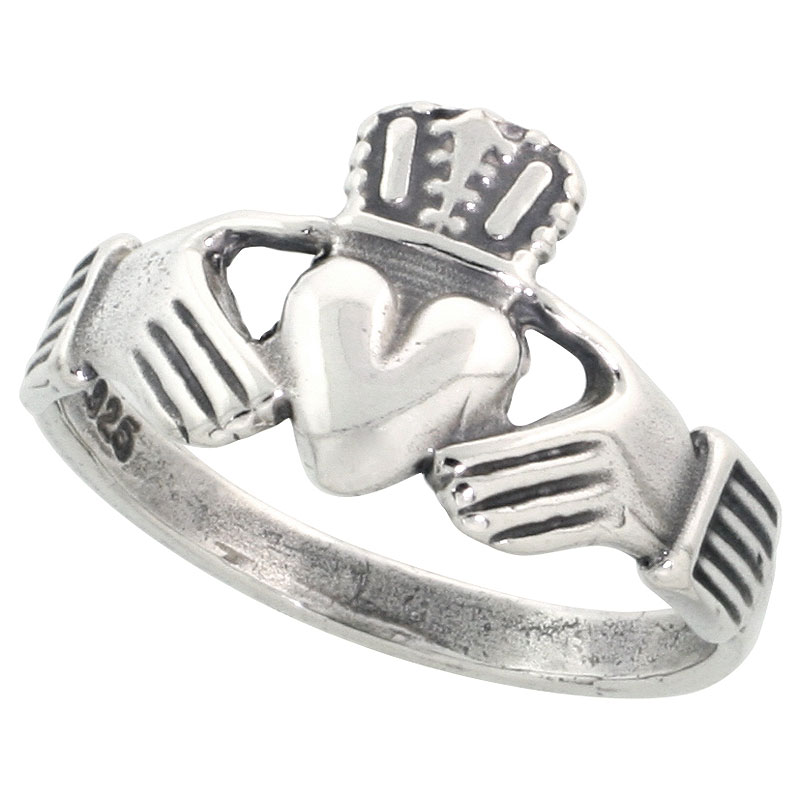Sterling Silver Small Claddagh Ring 7/16 inch wide, sizes 4 - 9
