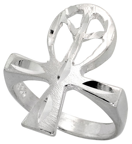 Sterling Silver Ankh Ring with Peace Symbol Polished finish 3/4 inch wide, sizes 6 - 9