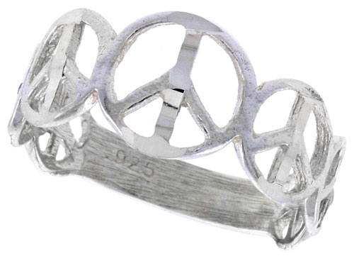 Sterling Silver Peace Sign Ring Polished finish 5/16 inch wide, sizes 6 - 9