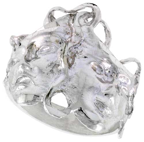Sterling Silver Drama Masks Ring Polished finish 11/16 inch wide, sizes 6 - 9