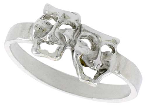 Sterling Silver Drama Masks Ring Polished finish 3/8 inch wide, sizes 6 - 9,