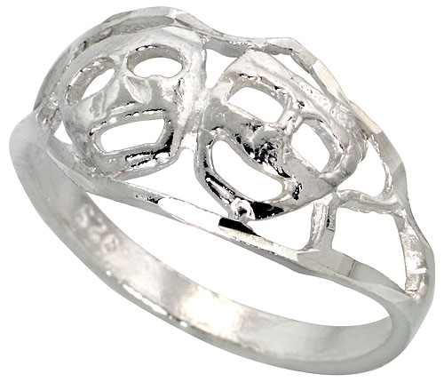 Sterling Silver Drama Masks Ring Polished finish 5/16 inch wide, sizes 6 - 9