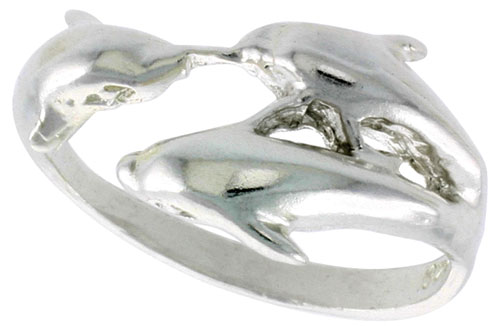 Sterling Silver Triple Dolphin Ring Polished finish 1/2 inch wide, sizes 6 - 9