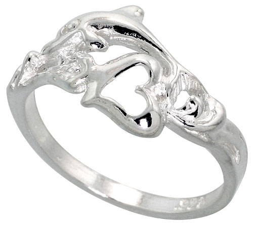 Sterling Silver Dolphin w/ Heart Ring Polished finish 3/8 inch wide, sizes 6 - 9,