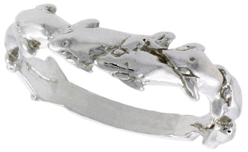 Sterling Silver Dolphin Ring Polished finish 3/16 inch wide, sizes 6 - 9