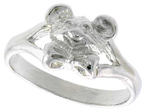 Sterling Silver Teddy Bear Head Ring Polished finish 3/8 inch wide, sizes 6 - 9,
