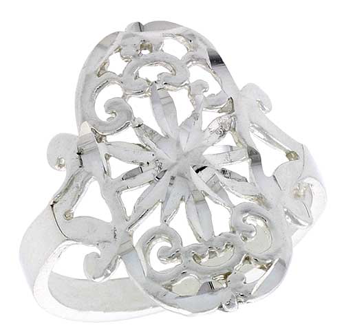 Sterling Silver Floral Pattern Filigree Ring, 3/4 inch