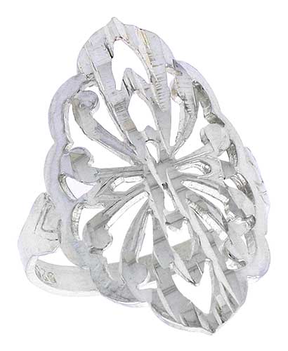 Sterling Silver Diamond-shaped Floral Filigree Ring, 7/8 inch
