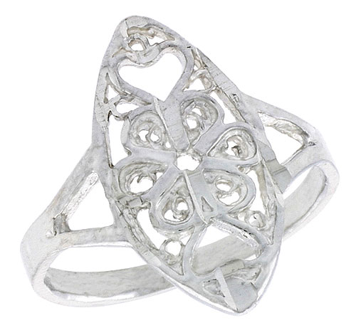Sterling Silver Navette-shaped Floral Filigree Ring, 3/4 inch, w/ Heart Cut-outs