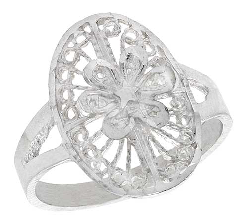 Sterling Silver Oval-shaped Floral Filigree Ring, 3/4 inch