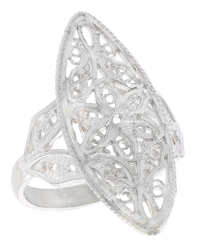 Sterling Silver Navette-shaped Floral Filigree Ring, 1 1/16 inch