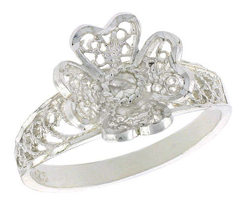 Sterling Silver Flower w/ Heart-shaped Petals Filigree Ring, 1/2 inch