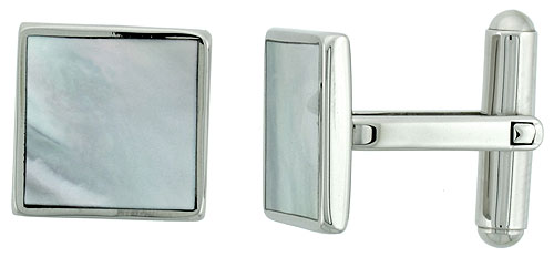 Stainless Steel Square Shape Cufflinks w/ Natural Mother of Pearl Inlay, 1/2 x 1/2 in.