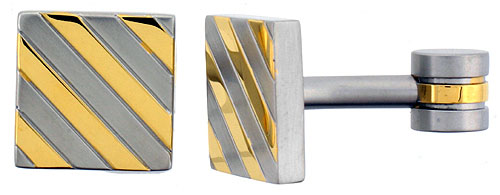 Stainless Steel Square Shape Cufflinks, with Gold Color Stripes