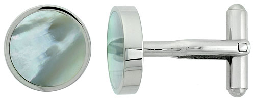Stainless Steel Round Shape Cufflinks w/ Natural Mother of Pearl Inlay, 5/8 in.