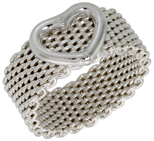 Sterling Silver Heavy Mesh Ring w/ Heart Handmade 5/16 inch wide, sizes 5 - 11