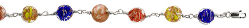 7" Sterling Silver Italian Charm Bracelet, w/ Murano Glass Beads in Assorted Colors, 3/8" (9 mm) wide 