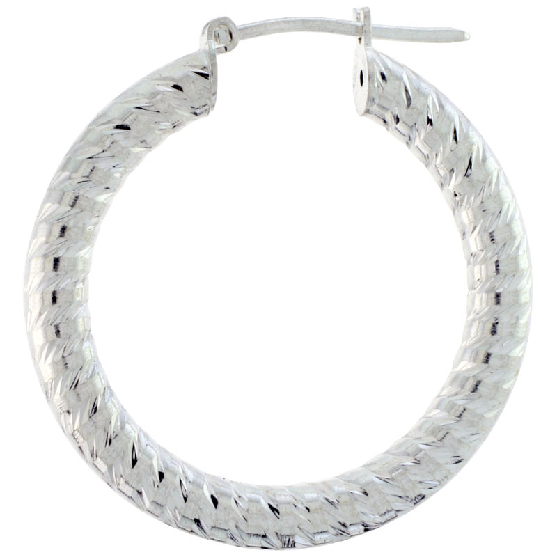 Sterling Silver Italian Hoop Earrings 3mm Spiral Design Diamond Cut, 1 3/8 inch