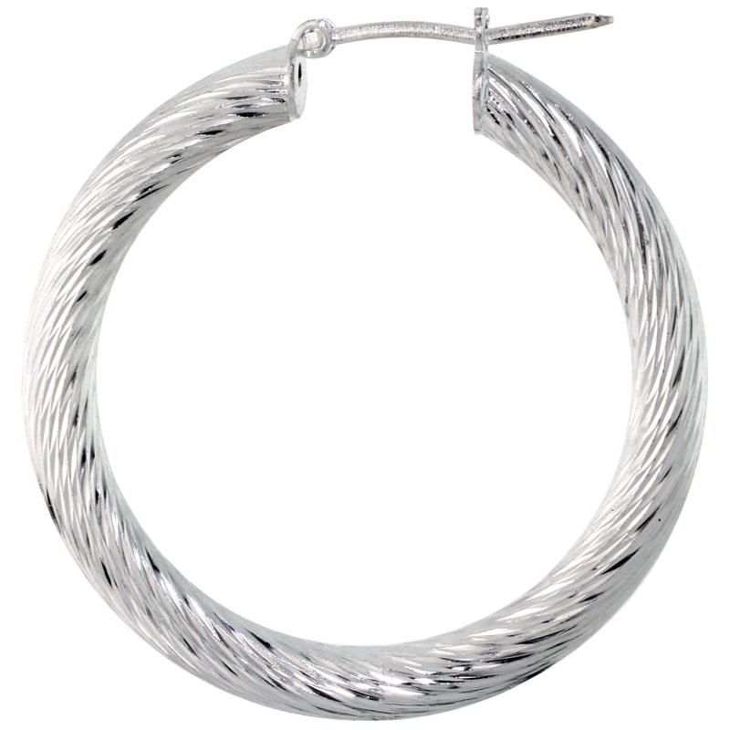 Sterling Silver Italian Hoop Earrings 3mm Twist Design Diamond Cut, 1 3/8 inch