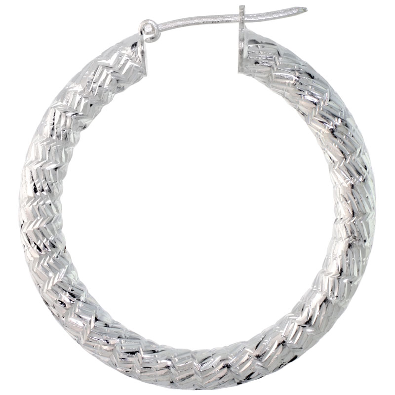 Sterling Silver Italian Hoop Earrings 3mm Zigzag Pattern Diamond Cut, 1 3/8 inch