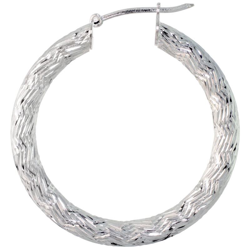 Sterling Silver Italian Hoop Earrings 3mm Zigzag Pattern Diamond Cut, 1 3/8 inch