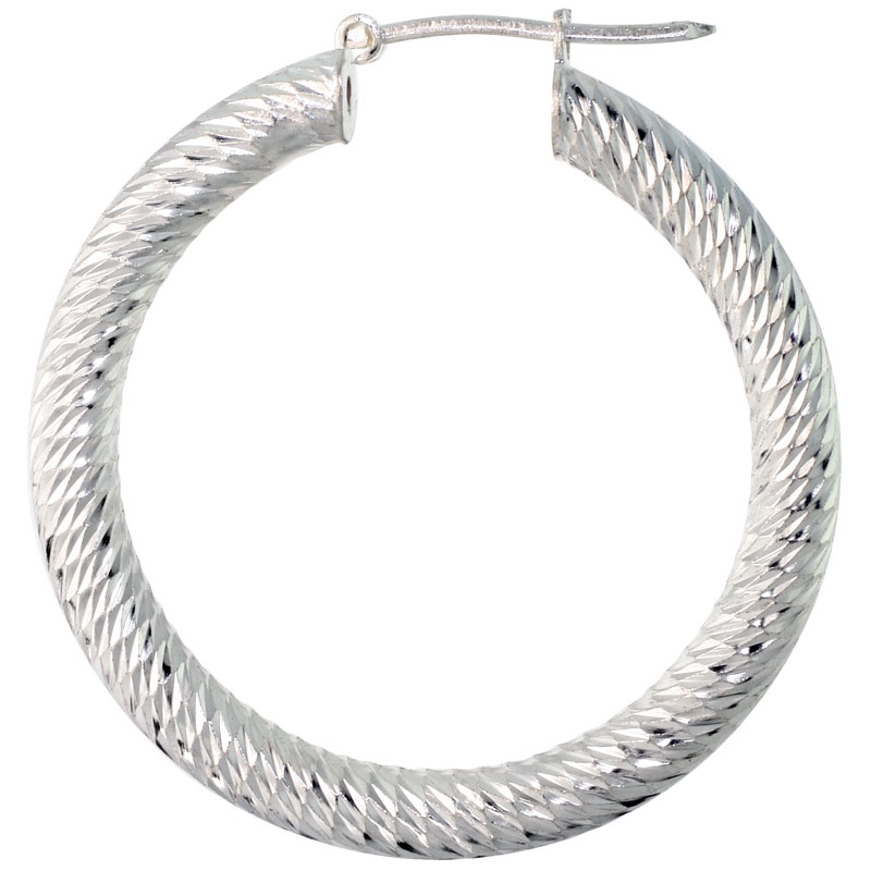 Sterling Silver Italian Hoop Earrings 3mm Spiral Design Diamond Cut, 1 3/8 inch