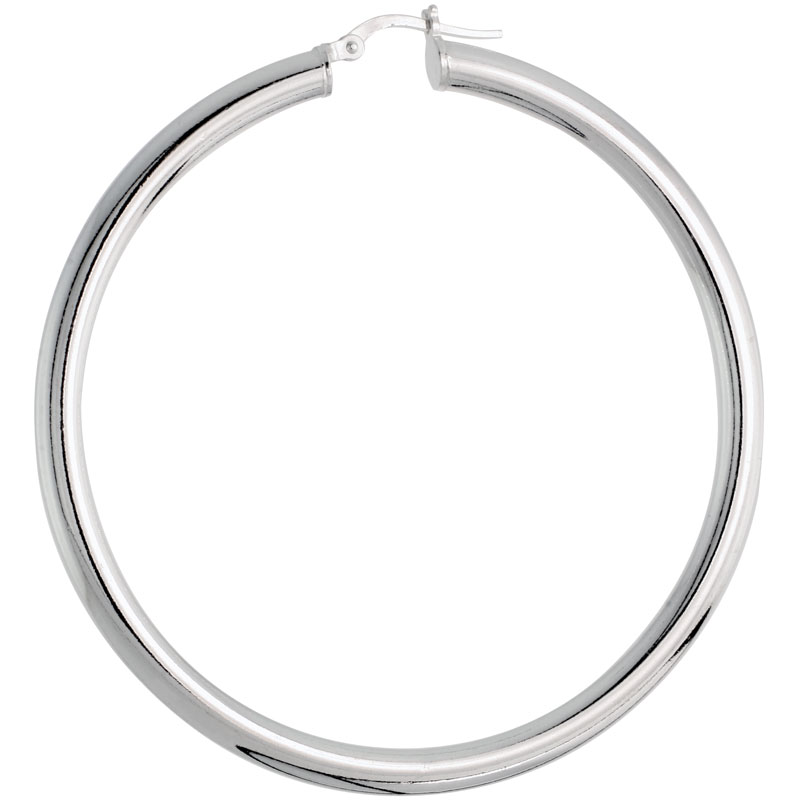 Sterling Silver Italian Hoop Earrings 4mm thick, 2 3/8 inch