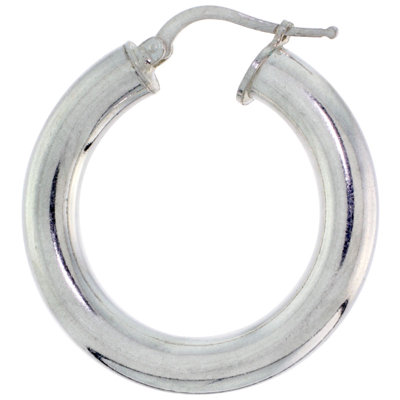 Sterling Silver Italian Hoop Earrings 5mm thick, 1 1/4 inch