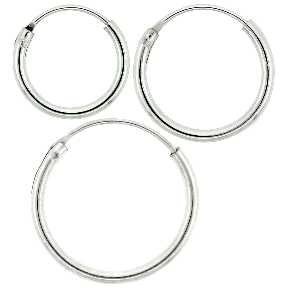 Sterling Silver 14mm 16mm & 18mm Small Endless Hoop Earrings Set