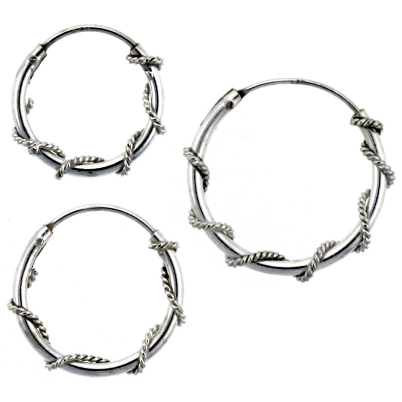 Sterling Silver 14mm, 16mm & 18mm Rope Wire Wrapped Endless Hoop Earrings 3 pair Set