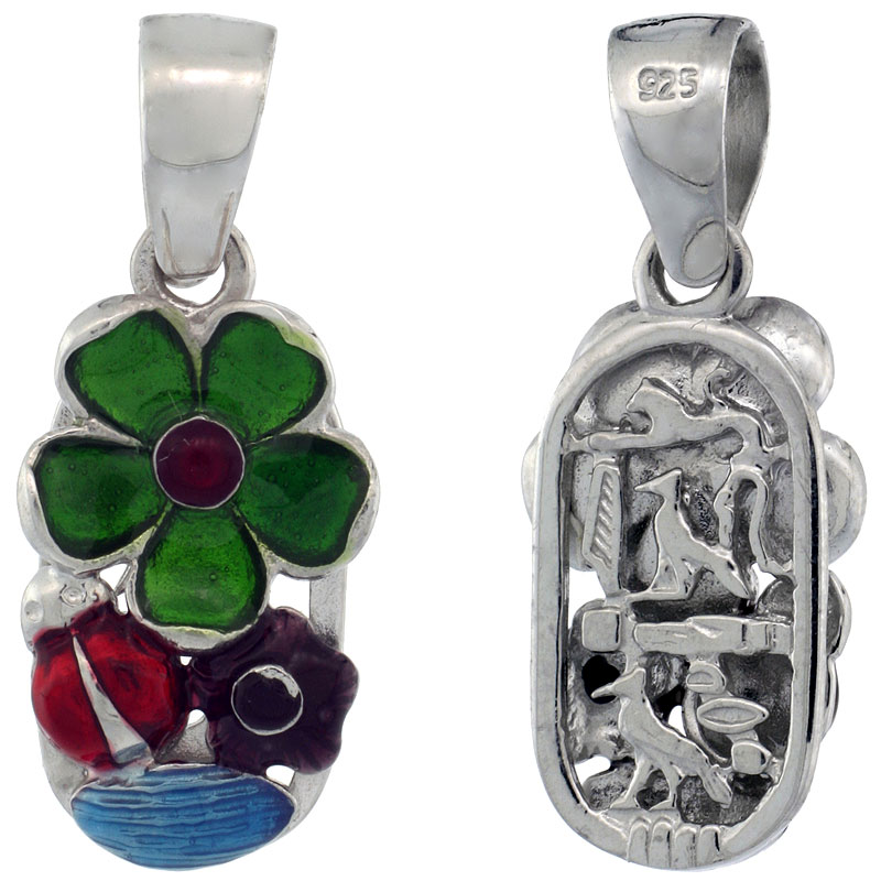 Sterling Silver Multi Color Enamel Lady Bug & Flowers Pendant, 13/16 in. (21 mm) tall