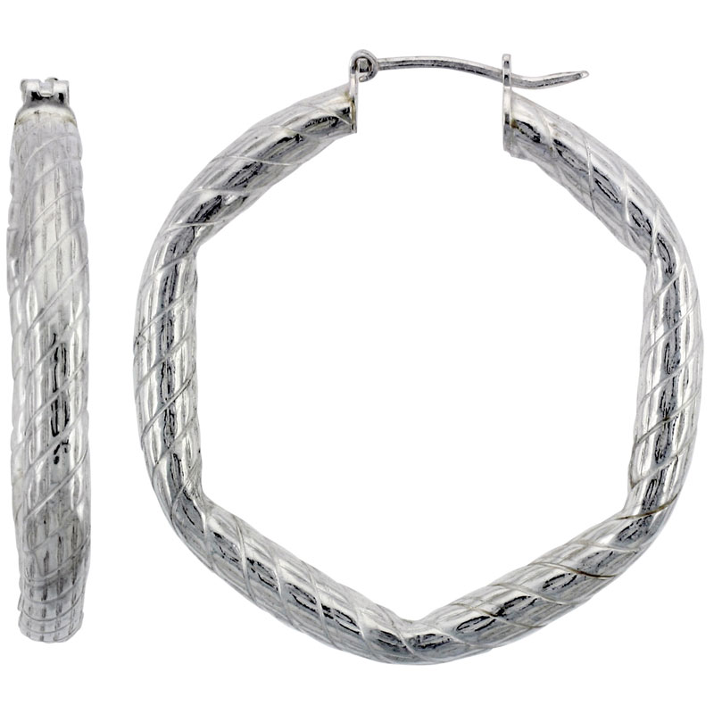 Sterling Silver Italian Hoop Earrings 4mm thin Rope Design Hexagon-Shaped