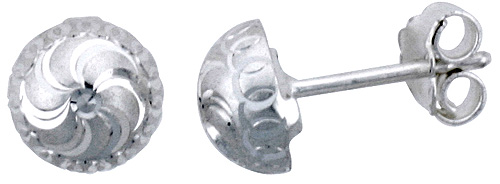 Sterling Silver Half Ball 5/16" (8.0 mm) Ball Stud Earrings w/ Diamond Cut Swirl Design