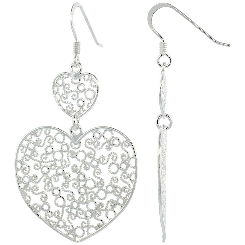 Sterling Silver Double Heart Filigree Dangle Earrings, 2 1/16 in. (53 mm) tall