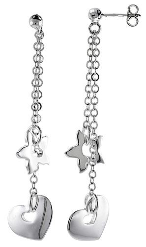 Sterling Silver Starfish & Heart Dangling Earrings, 2" (50 mm) tall