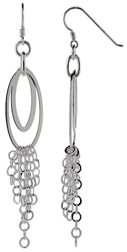 Sterling Silver Double Oval Cut Outs Fish Hook Dangling Earrings, w/ Rolo-type Chain, 3 1/4" (83 mm) tall