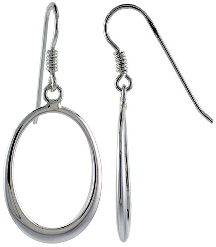 Sterling Silver Oval Cut Out Fish Hook Dangling Earrings, 1 5/8" (41 mm) tall