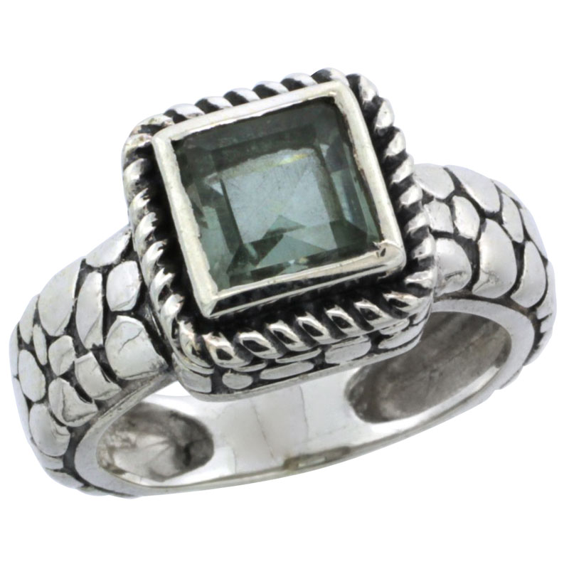 Sterling Silver Bali Inspired Square Ring w/ 6mm Princess Cut Natural Green Amethyst Stone, 7/16 in. (11 mm) wide